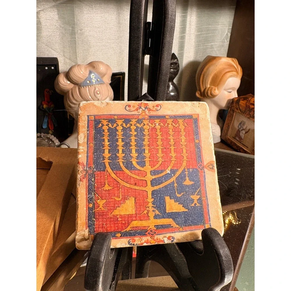 Arteque Roma Menorah Stone Coasters Set of 2 Italian Judaica Cork Backed Rome